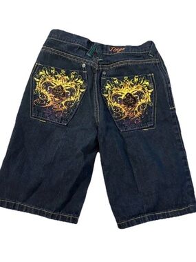 Vintage Jinzu Boys Bermuda Denim Shorts Size 10 Dark Blue Graphic Spade